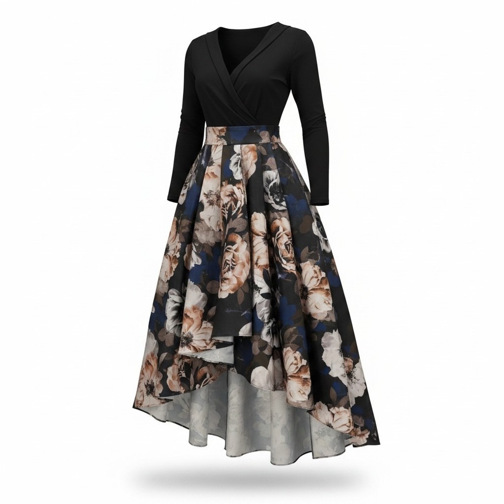 R&M Richards Black Top with Floral High-Low Skirt